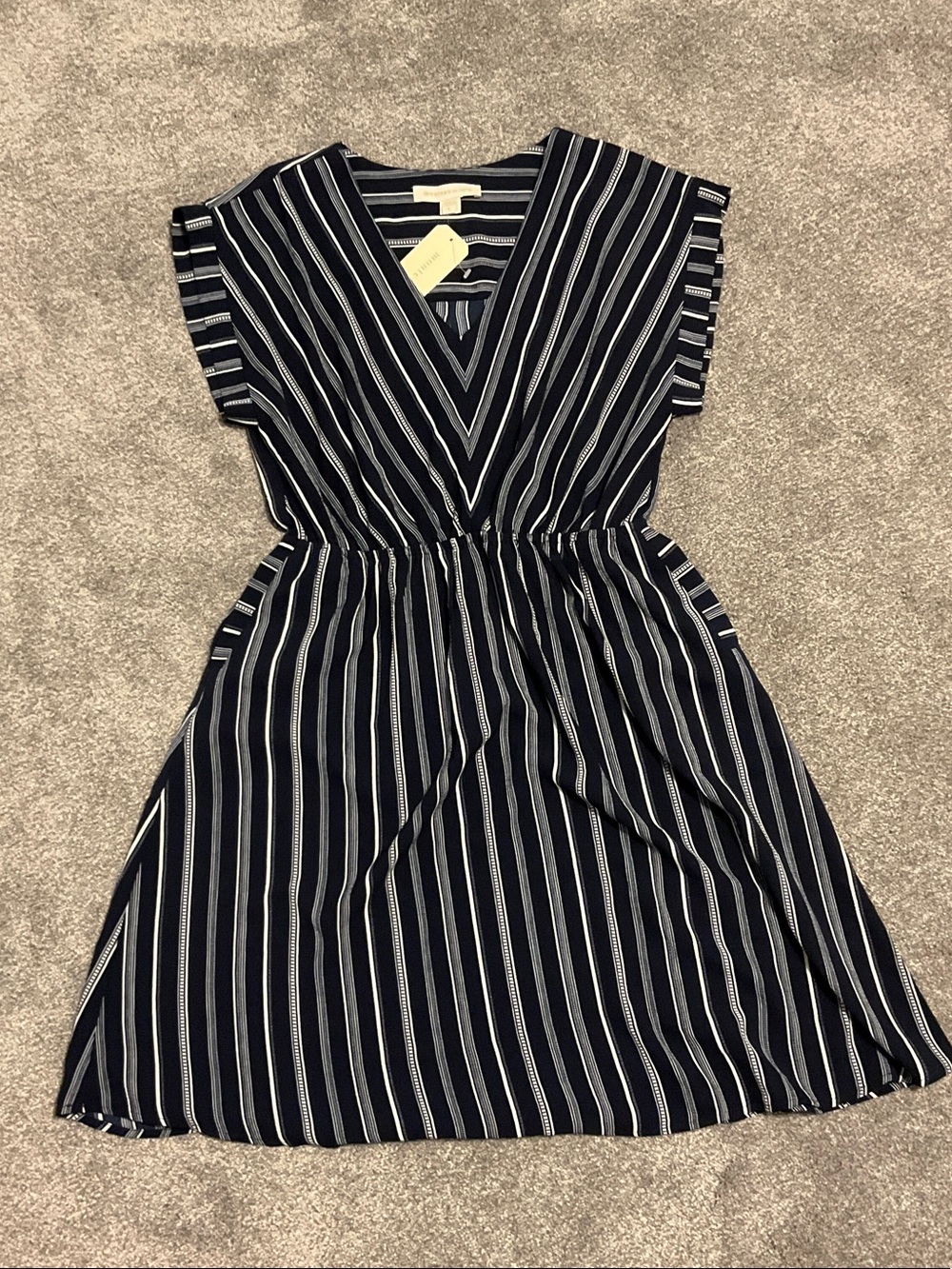 Monteau Navy and White Striped V-Neck Midi Dress